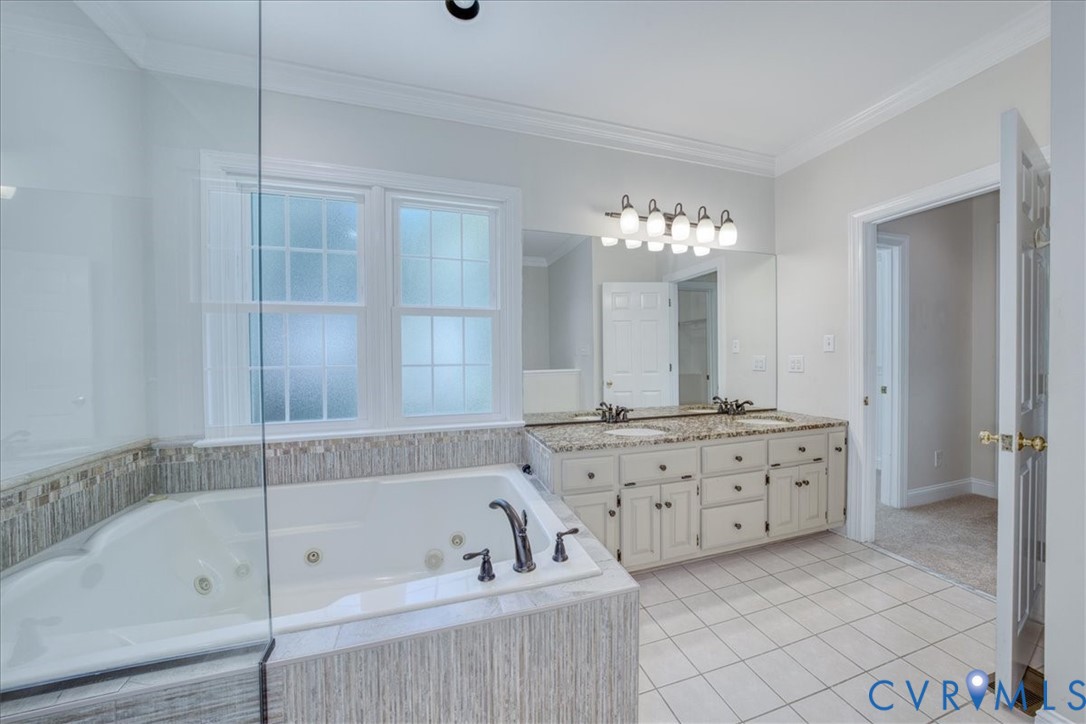 1813 Gildenborough Court Midlothian, VA 23113 - Photo 19 of 46 a bathroom with a tub a sink and a large mirror