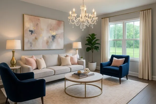 a living room with furniture and a chandelier