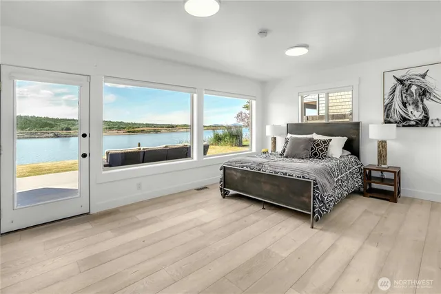 a bedroom with a bed and a large window