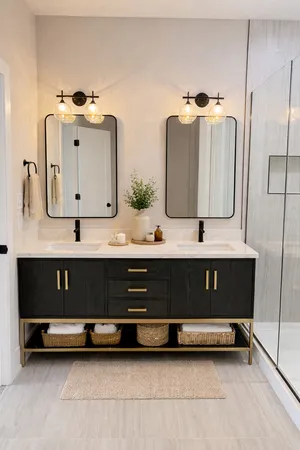 a bathroom with a double vanity sink and mirror