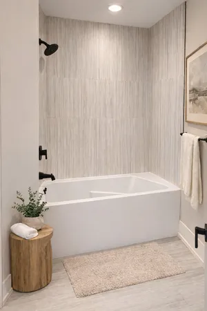 a bathroom with a bathtub and shower