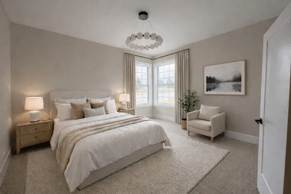 a bedroom with bed and a chandelier