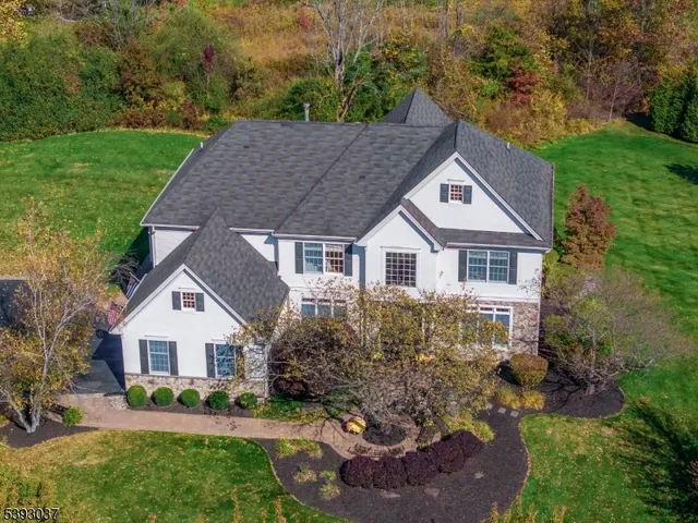 a aerial view of a house next to a yard and large trees