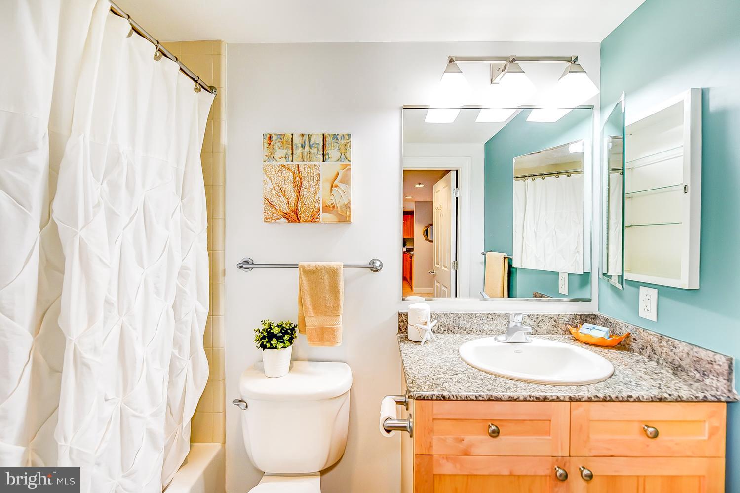 777 7th Street Northwest, Unit 924 Washington, DC 20001 - Photo 24 of 25 a bathroom with a granite countertop sink and a mirror