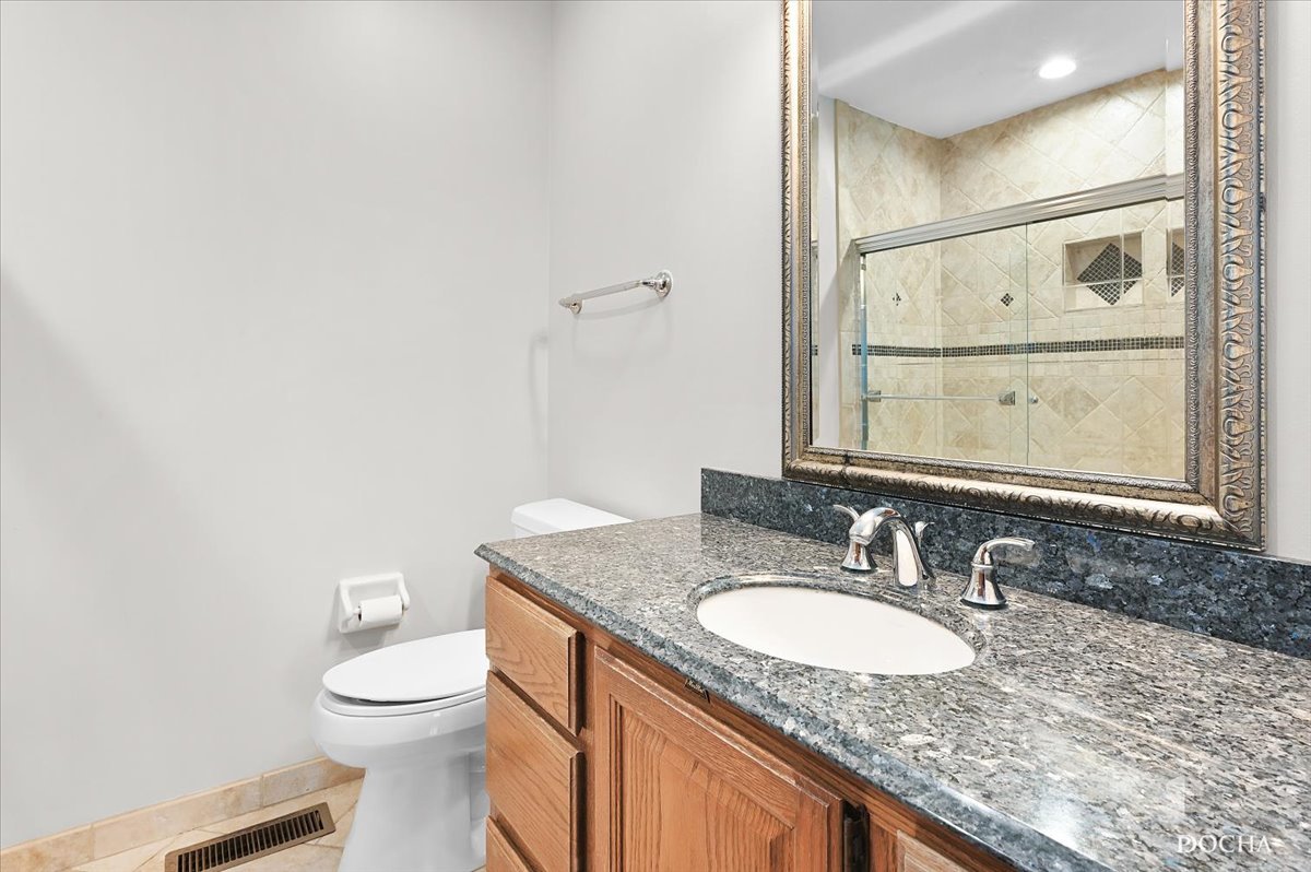 9638 Book Road Naperville, IL 60564 - Photo 32 of 44 a bathroom with a granite countertop sink a toilet and mirror