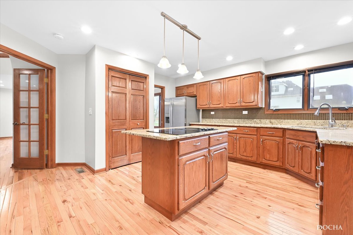 9638 Book Road Naperville, IL 60564 - Photo 9 of 44 a large kitchen with stainless steel appliances granite countertop a stove a sink dishwasher and a refrigerator with wooden floor