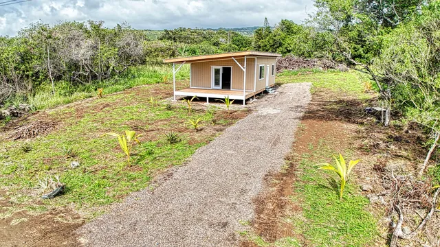 a front view of a house with a yard and trees