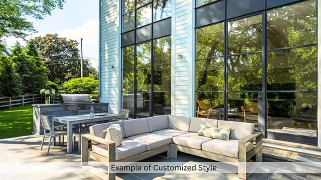 a building outdoor space with patio furniture