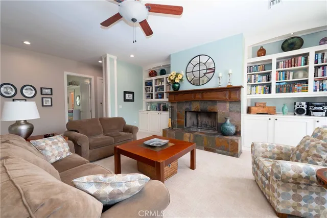 a living room with furniture a rug and a fireplace