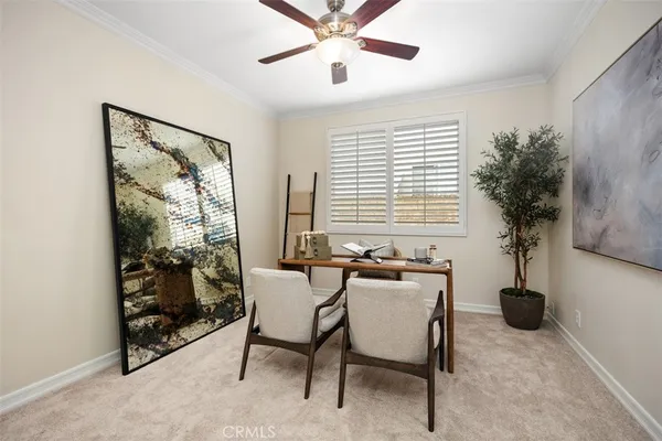 a view of an empty room with a potted plant and a window