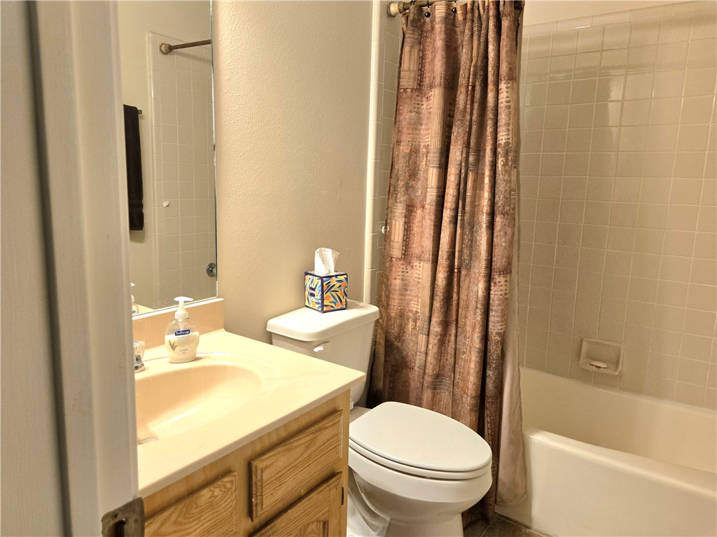 219 Ripple Creek Lane Somerville, TX 77879 - Photo 32 of 46 a bathroom with a sink a toilet and shower curtain