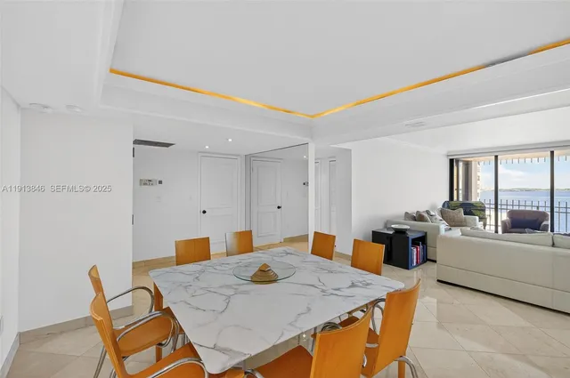 a view of a dining room with furniture