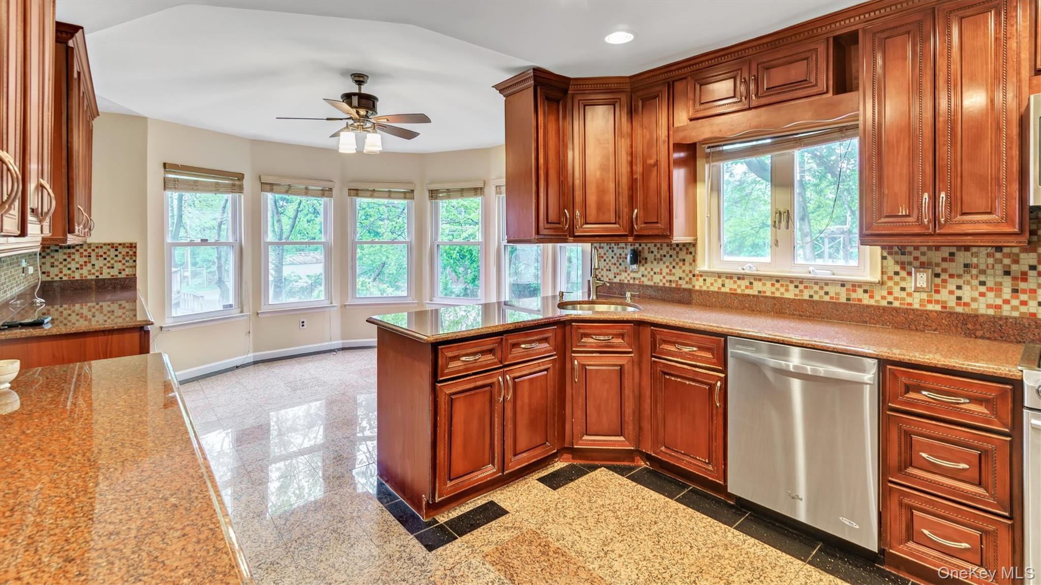 47 Carriage Road Roslyn, NY 11576 - Photo 10 of 31 Kitchen featuring a wealth of natural light, granite finish floor, a ceiling fan, and dishwasher