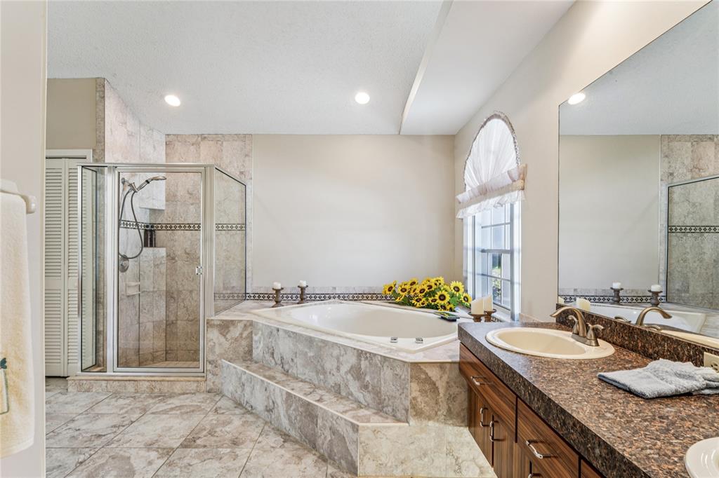 6324 India Drive Spring Hill, FL 34608 - Photo 32 of 68 a spacious bathroom with a granite countertop sink and a mirror