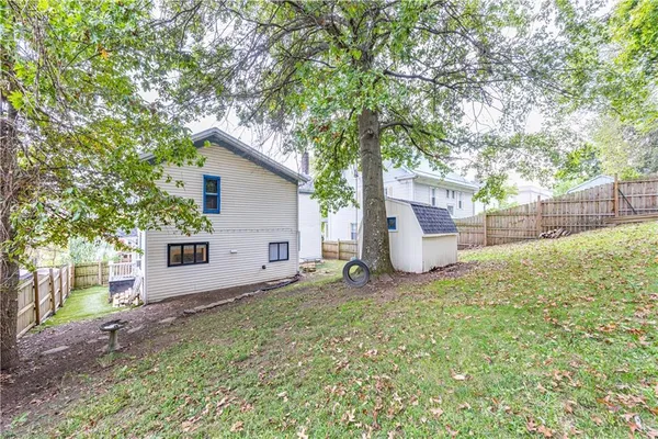 a view of a yard with a tree and a wooden fence