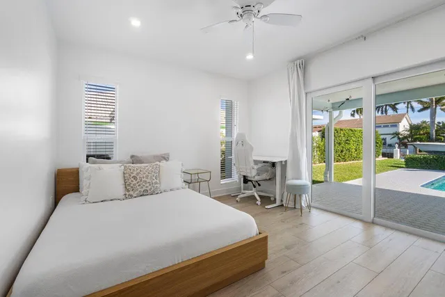 a spacious bedroom with a bed and a table