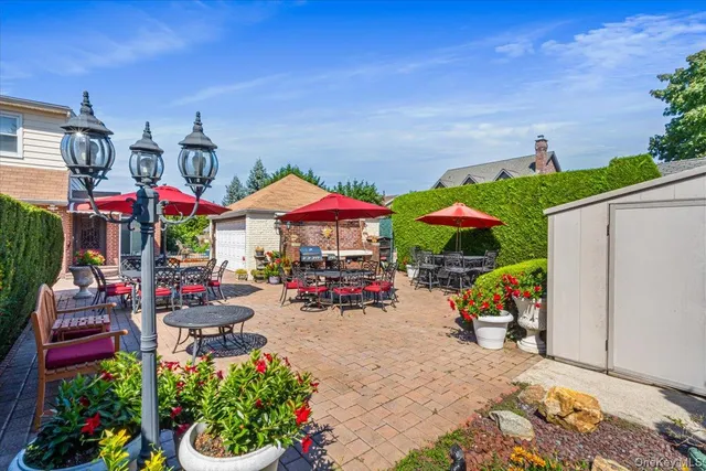 an outdoor space with lots of furniture