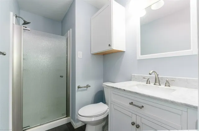 a bathroom with a toilet a sink a vanity and mirror