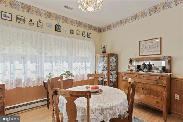 a view of a dining room with furniture and window