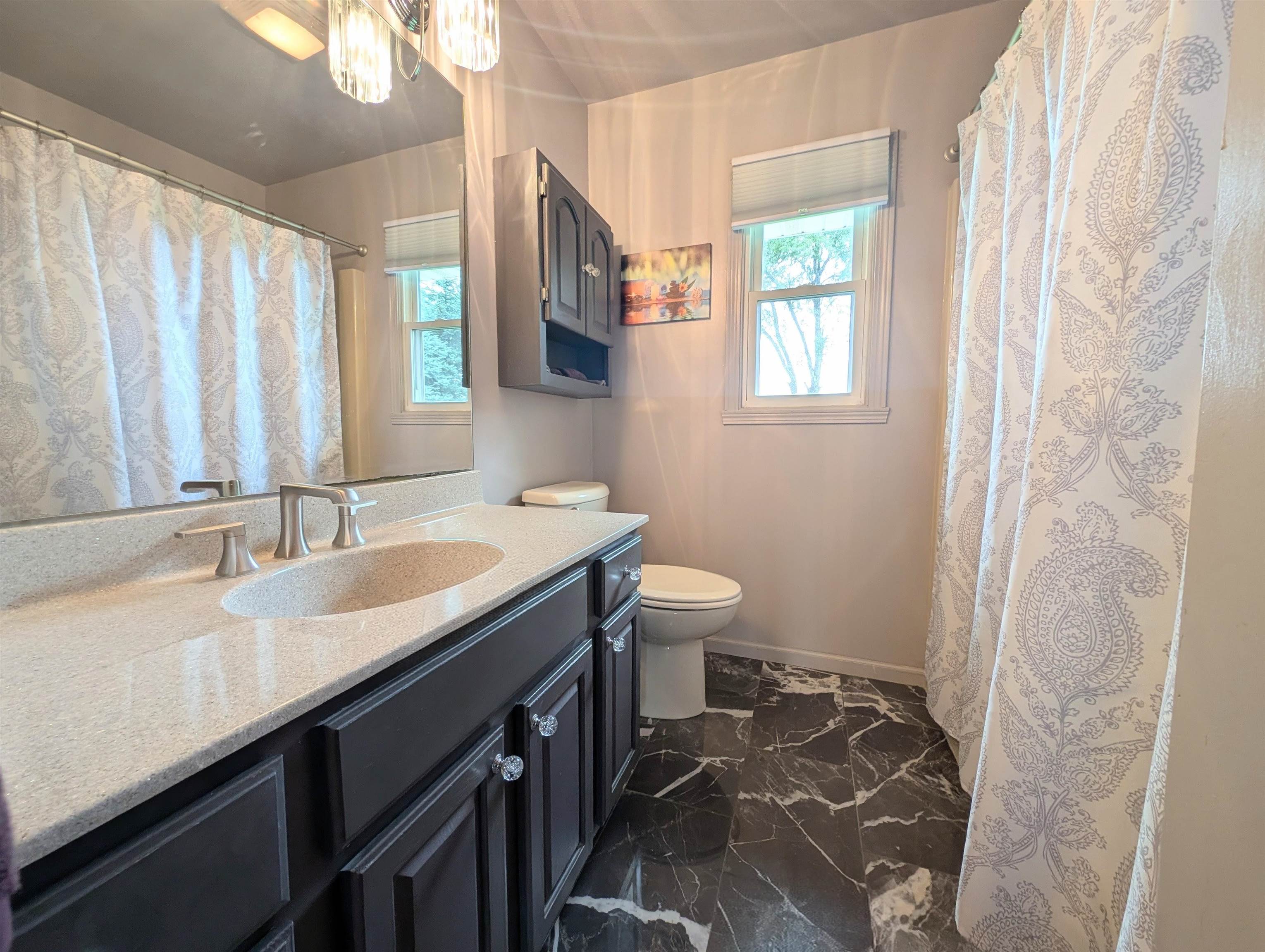727 Westmore Road Davis, IL 61019 - Photo 9 of 32 a bathroom with a double vanity sink toilet and a mirror