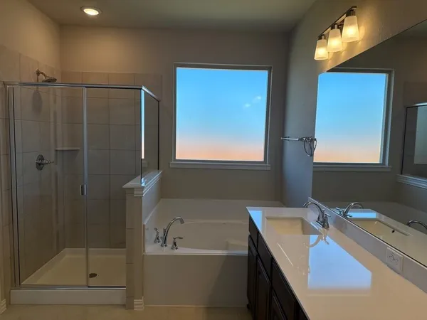a bathroom with a tub sink vanity and a mirror