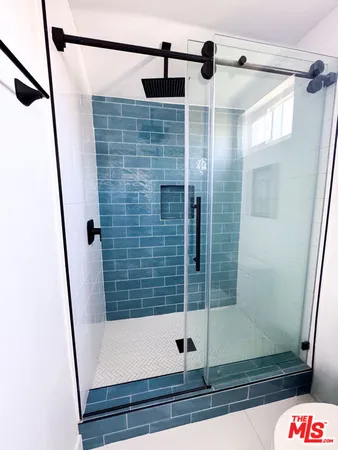 a bathroom with a shower and toilet