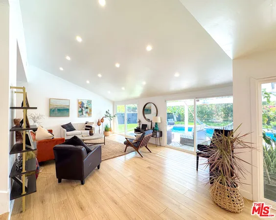 a living room with furniture potted plant floor to ceiling window and a wooden floor