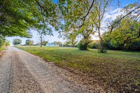 a view of a yard with a house in the background
