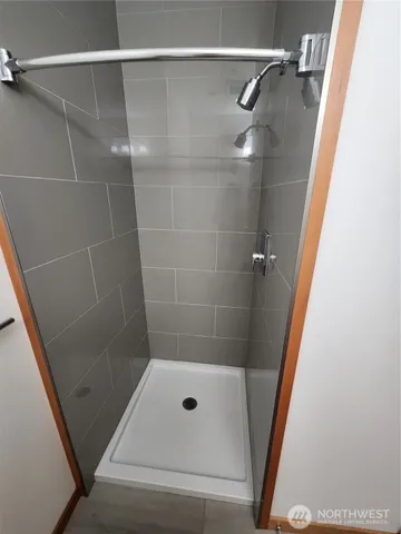 a bathroom with a shower and toilet