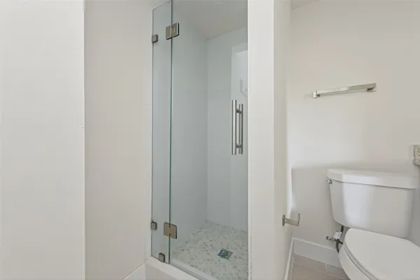 a bathroom with a shower and toilet