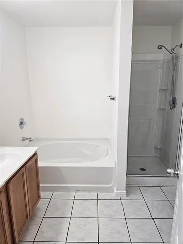 a bathroom with a bathtub and shower