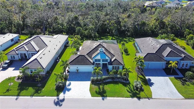 an aerial view of a house with a garden