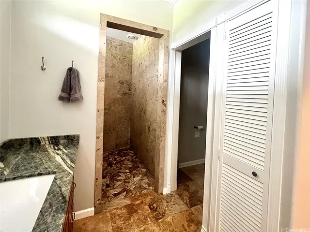 a bathroom with a shower and a sink