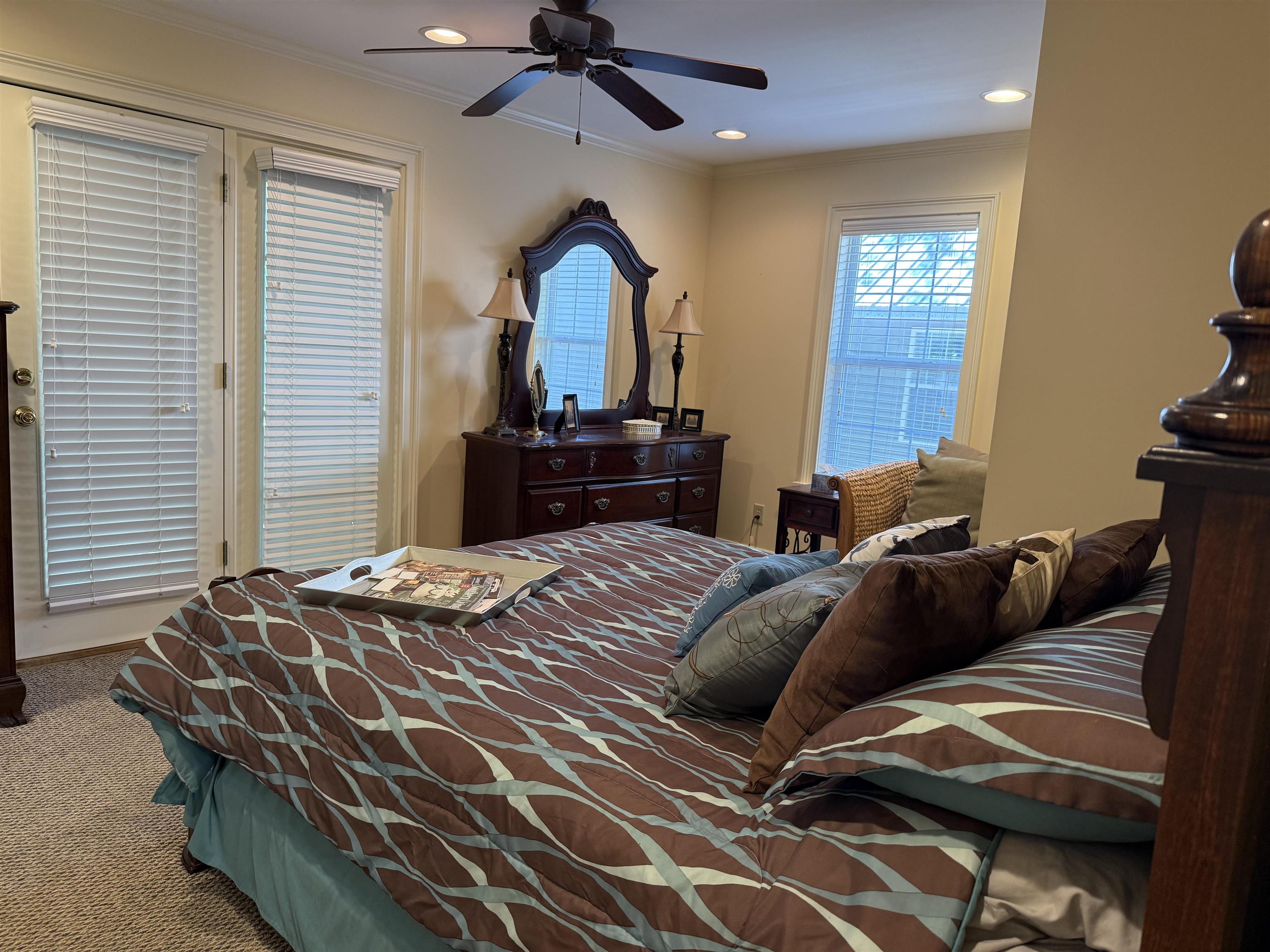 14 Patsy Path Iuka, MS 38852 - Photo 16 of 33 Bedroom with crown molding, recessed lighting, ceiling fan, and carpet floors
