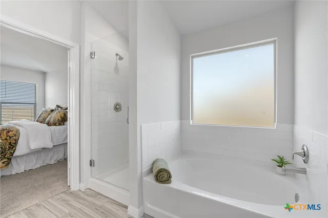 a bathroom with a bathtub and shower