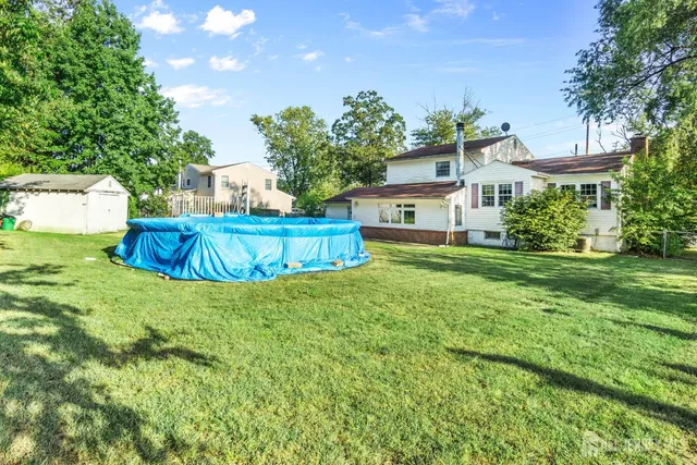 a view of a backyard with large trees and plants