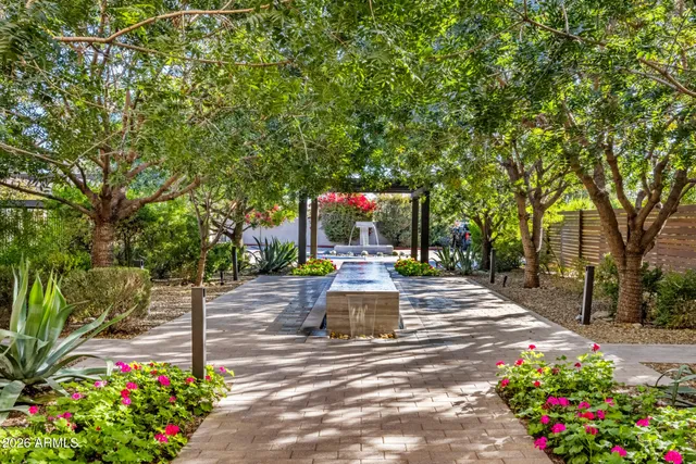 a view of a garden with flowers and trees