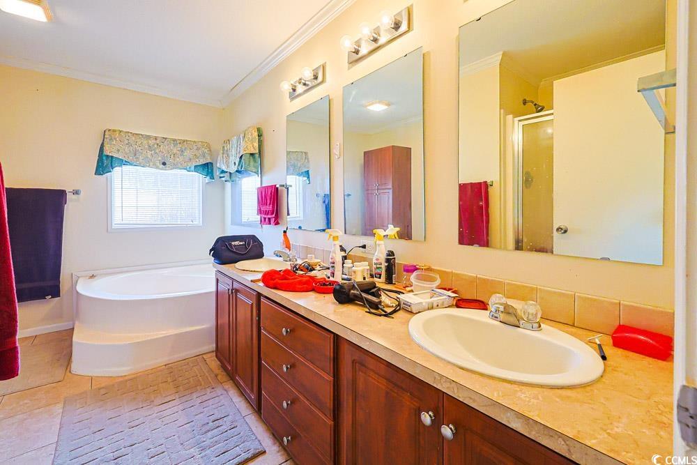 1291 Highway 701 Highway Loris, SC 29569 - Photo 14 of 40 Bathroom with a shower stall, double vanity, a bath, and ornamental molding