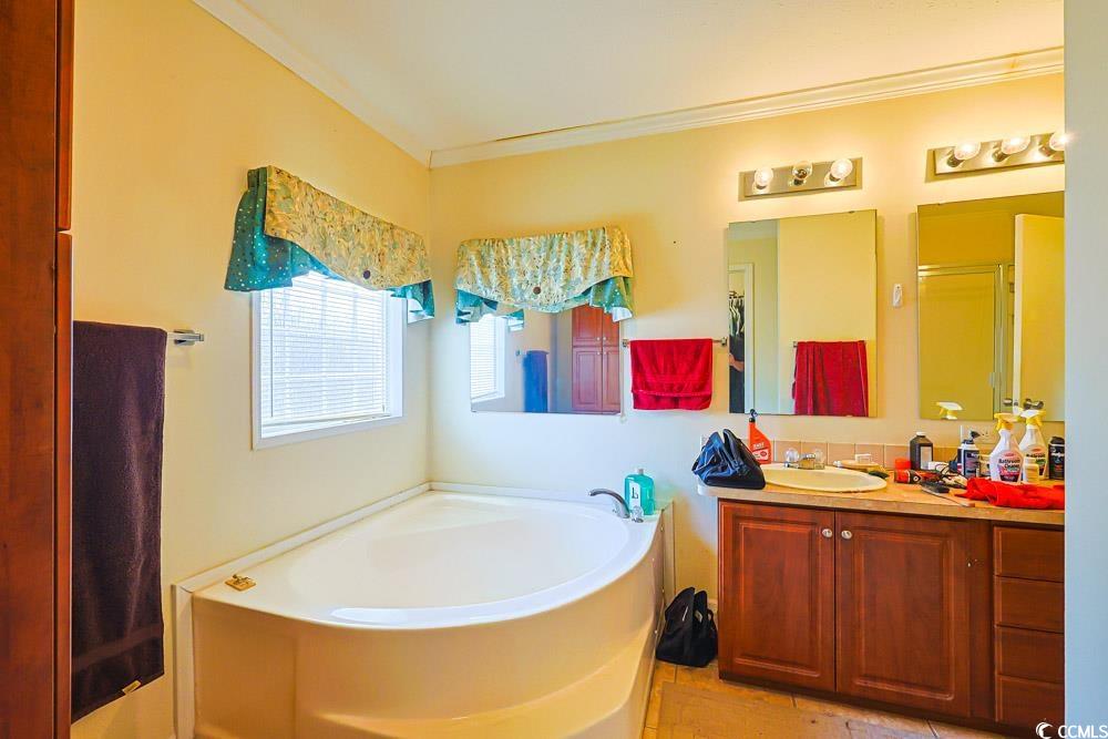 1291 Highway 701 Highway Loris, SC 29569 - Photo 17 of 40 Bathroom featuring a bath, vanity, a shower stall, and ornamental molding