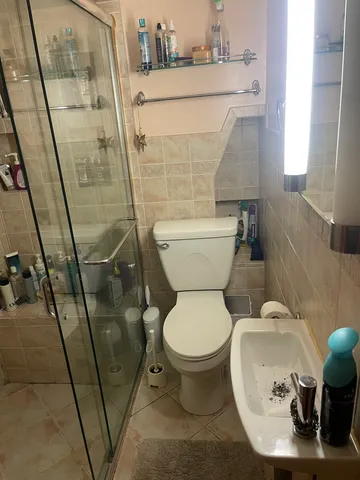 a bathroom with a toilet and a shower