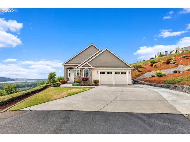 a view of a house with a yard and potted plants