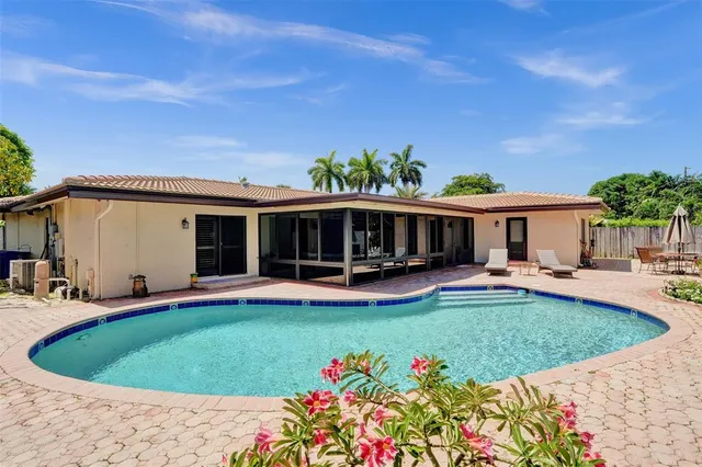 an aerial view of a house with a swimming pool