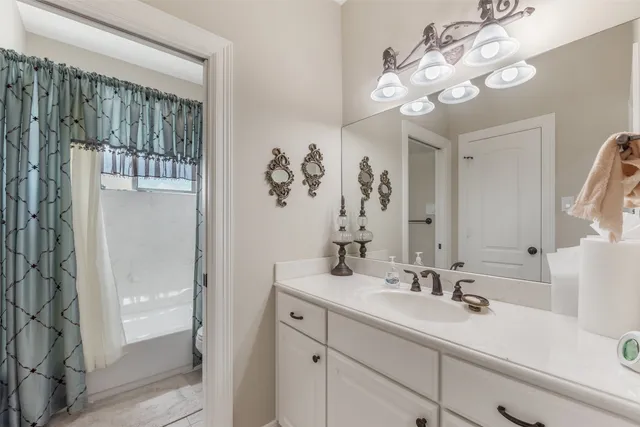 a bathroom with a sink a mirror and a shower