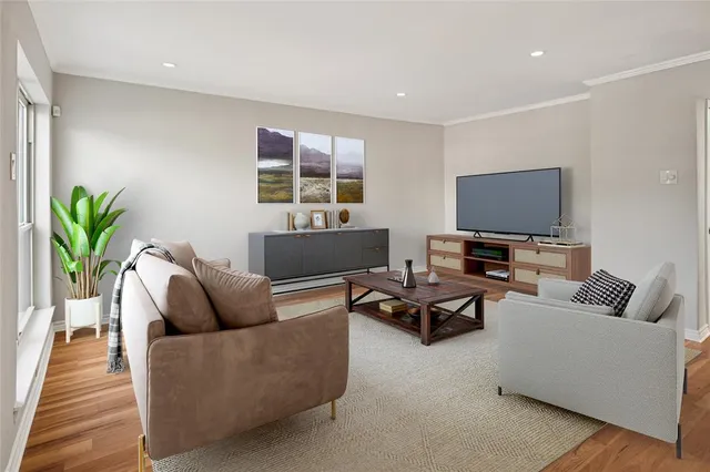 a living room with furniture kitchen view and a potted plant