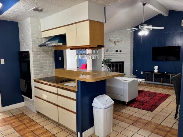 a living room with stainless steel appliances furniture a fireplace and a projector