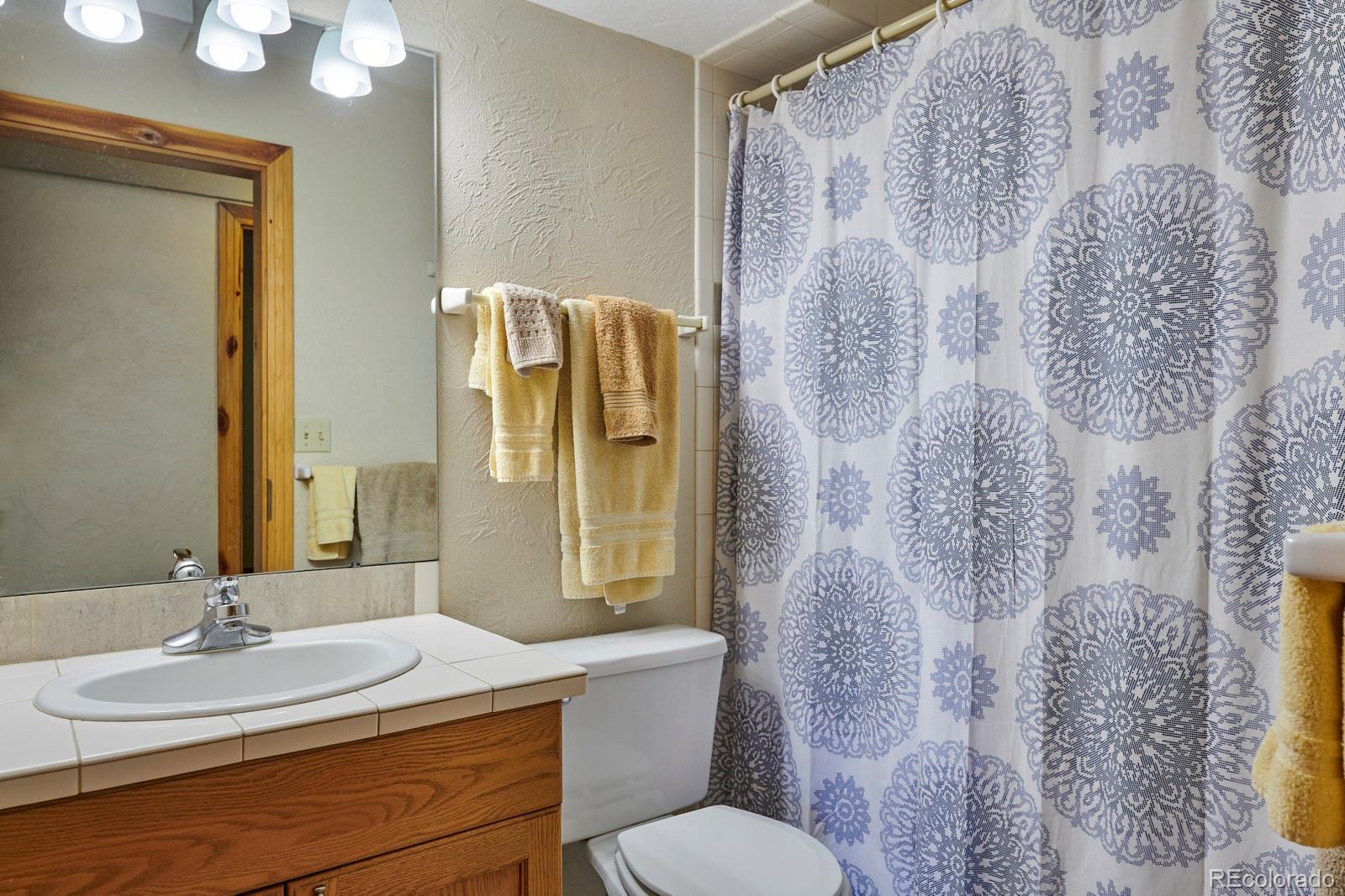 2847 Ridge Road Nederland, CO 80466 - Photo 29 of 40 a bathroom with a granite countertop sink a toilet and a mirror