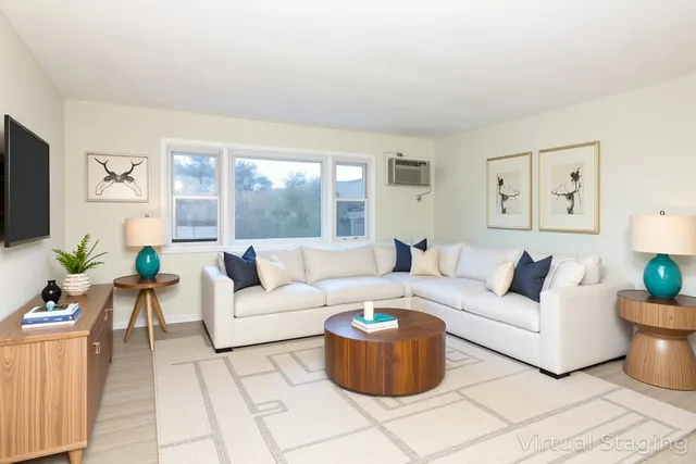 a living room with furniture potted plant and window