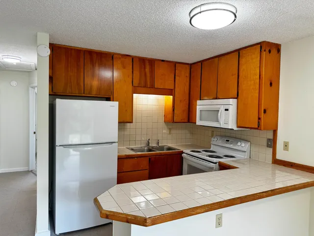 a kitchen with a refrigerator a sink and a stove top oven