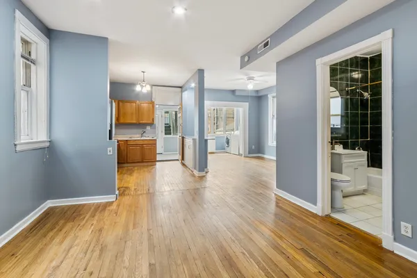 a view of a kitchen from the windows