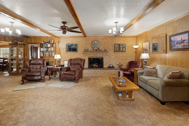 a living room with furniture a chandelier and a fireplace